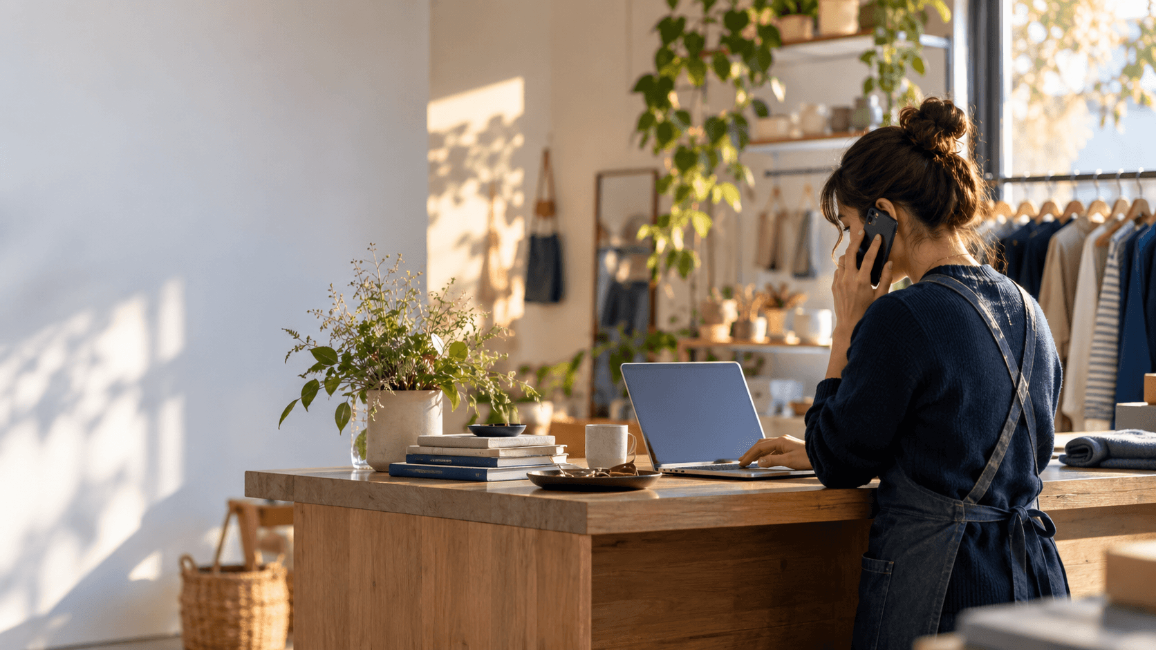Small business owner attending to a customer while working at a shop counter
