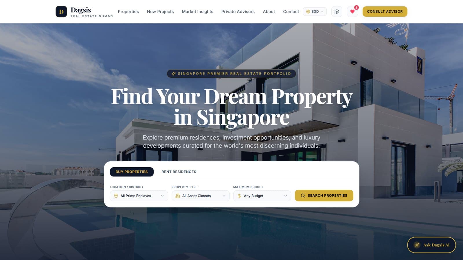 Dagsis Real Estate Dummy homepage showing Singapore property search and a luxury residence.